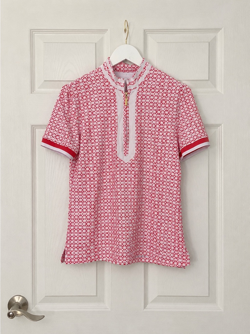 Cabana Life Pink Geometric Short-Sleeve quarter zip Polo top resort preppy S